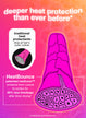 HeatBounce heat protectant with pink hair illustration and text on a gradient background
